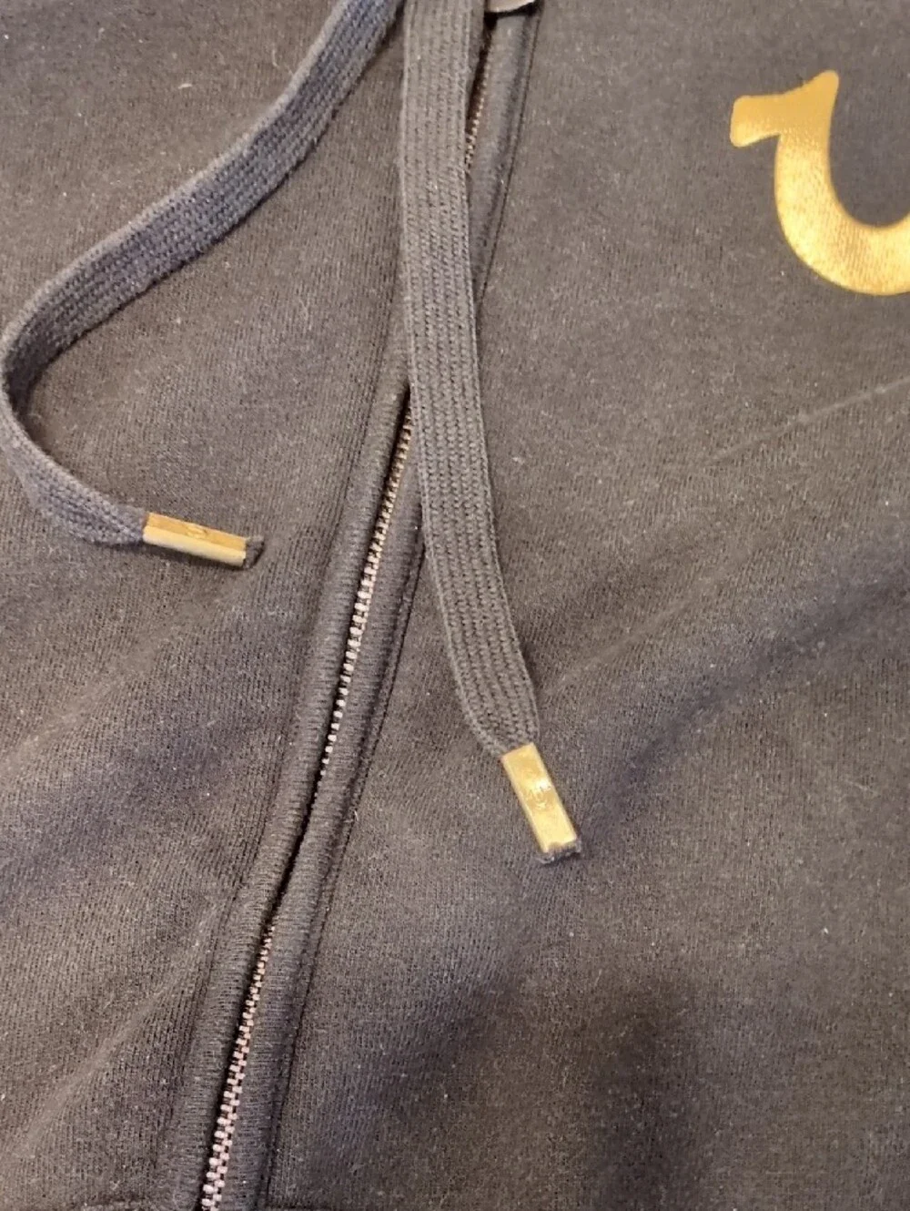 True Religion Black Zip-Up Hoodie with World Tour Gold Back Logo